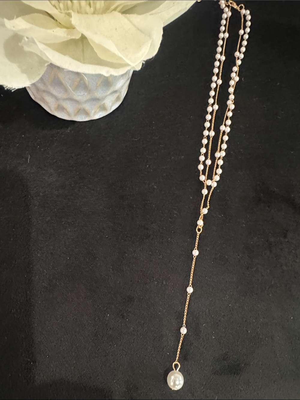 Gold Toned Pearl Drop Lariat Necklace - Fashion Women Jewelry
